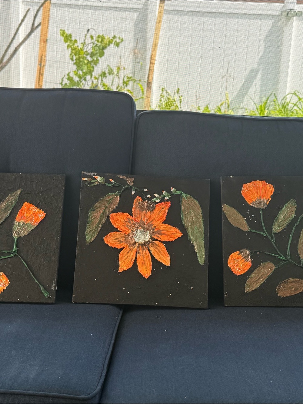 Handcrafted Orange Floral Triptych Canvas Set - Artist-Made Home Art Painting